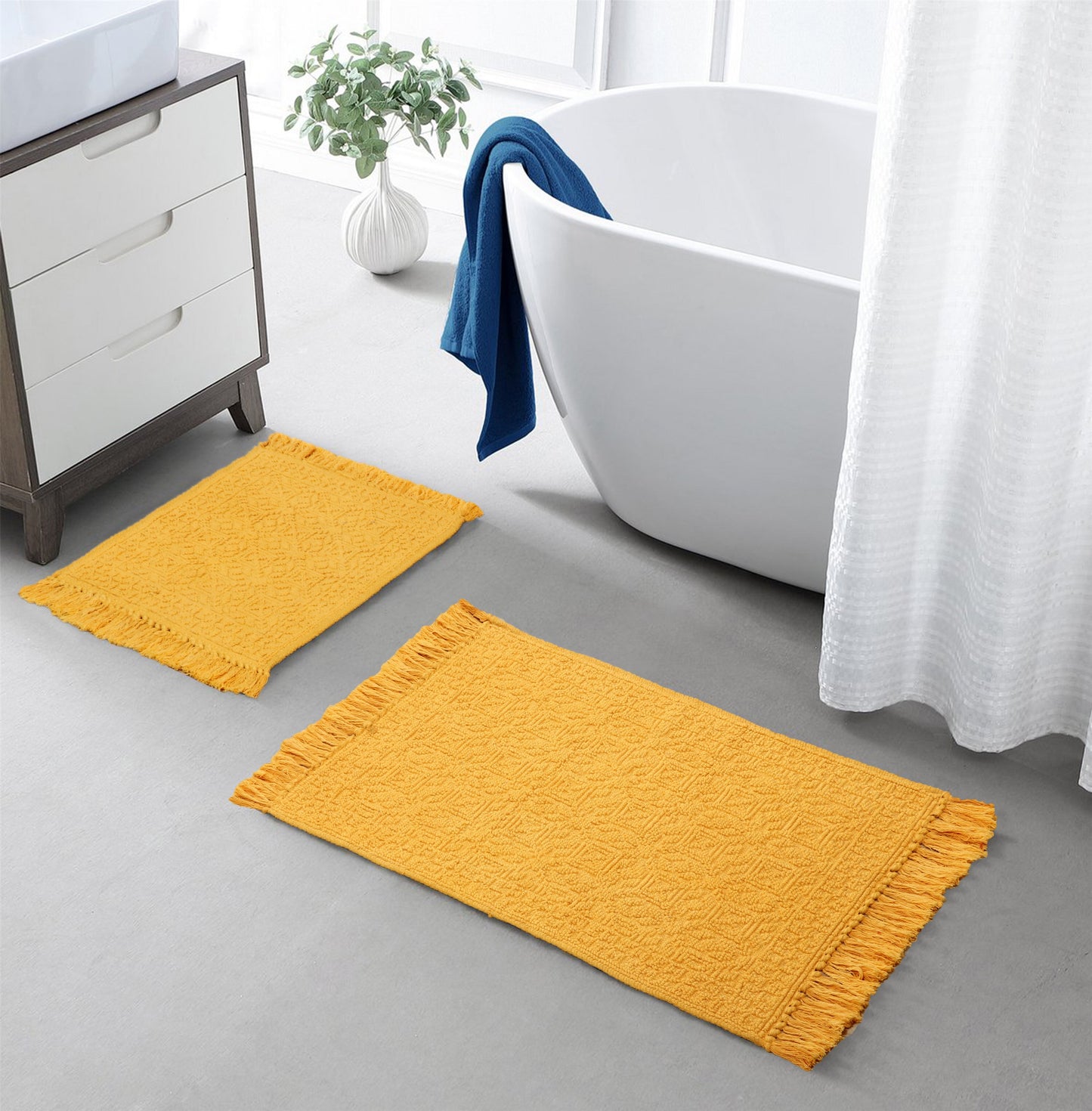 100% cotton hand woven water absorbent bathroom rugs (set of 2) - TreeWool Bathrugs#color_mustard