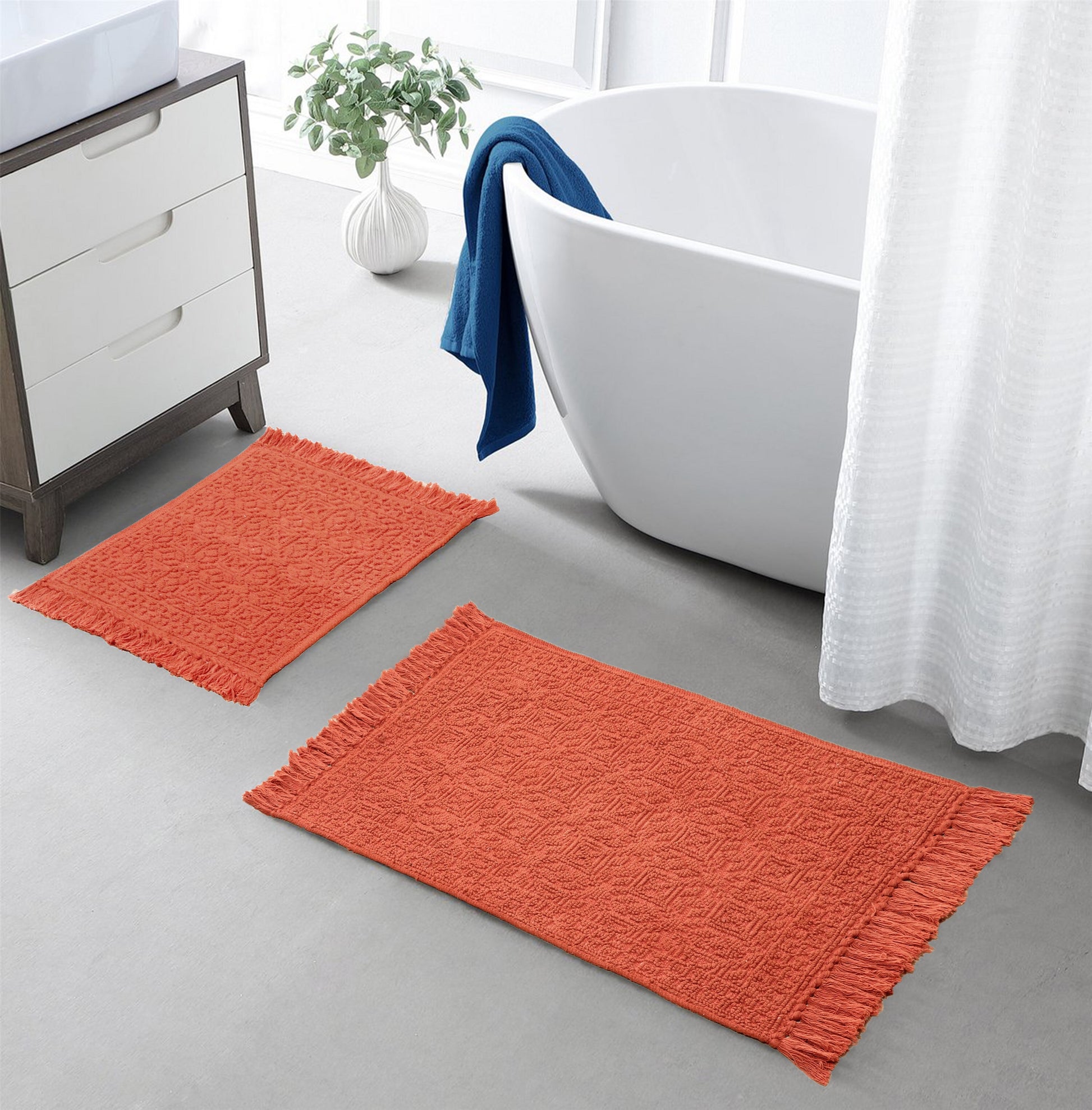 100% cotton hand woven water absorbent bathroom rugs (set of 2) - TreeWool Bathrugs#color_rust