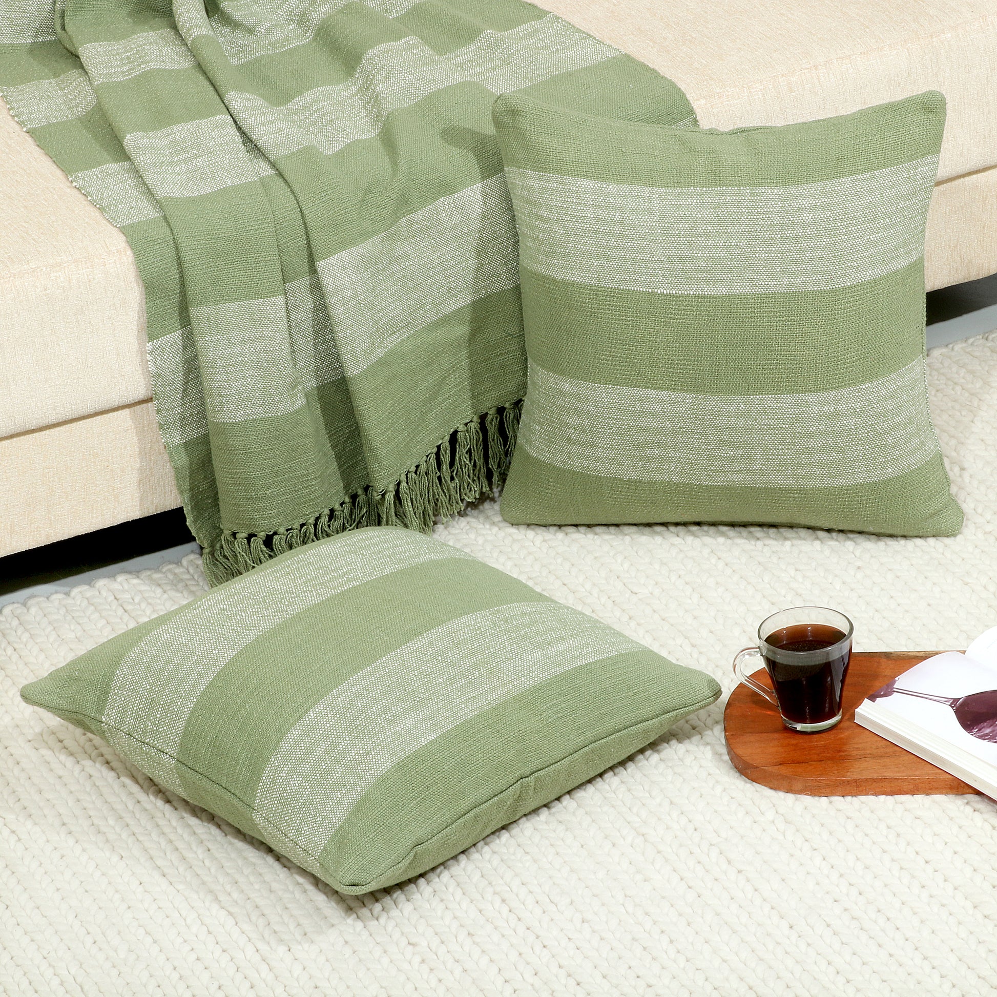 Combo Deal - Stripe design - Cotton throw blanket and pillow cases - TreeWool Bundle Deal#color_sage-green