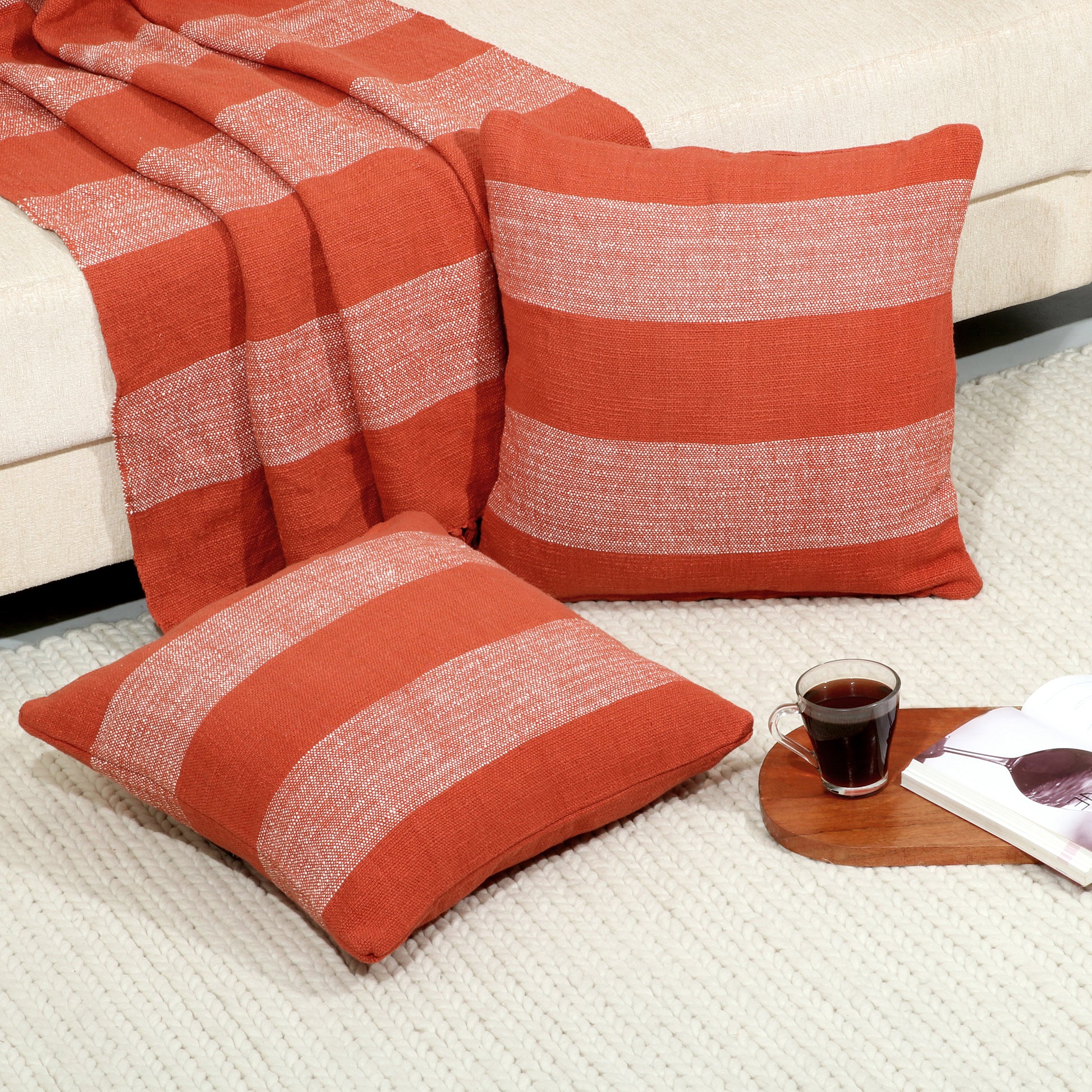Combo Deal - Stripe design - Cotton throw blanket and pillow cases - TreeWool Bundle Deal#color_rust