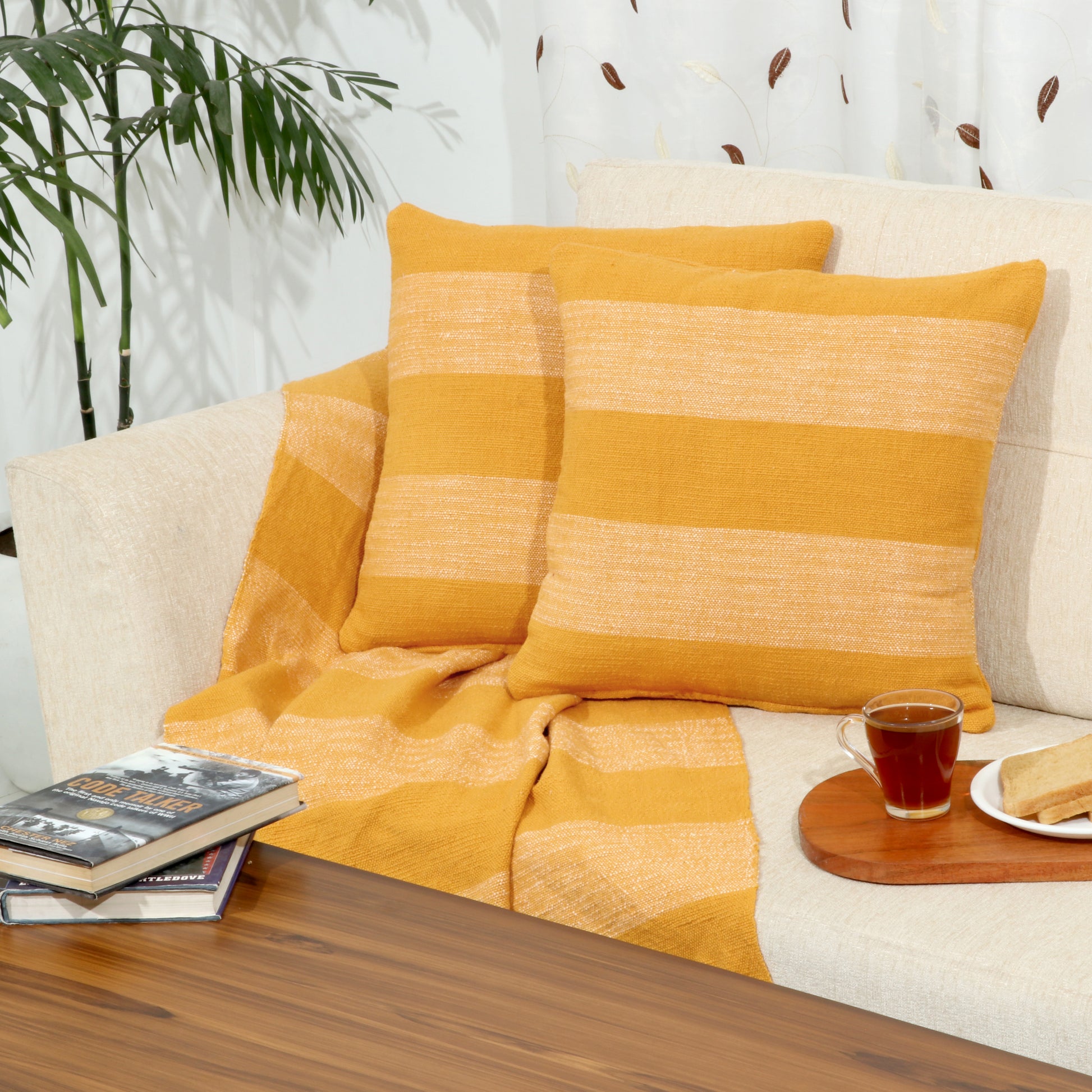 Combo Deal - Stripe design - Cotton throw blanket and pillow cases - TreeWool Bundle Deal#color_mustard-yellow