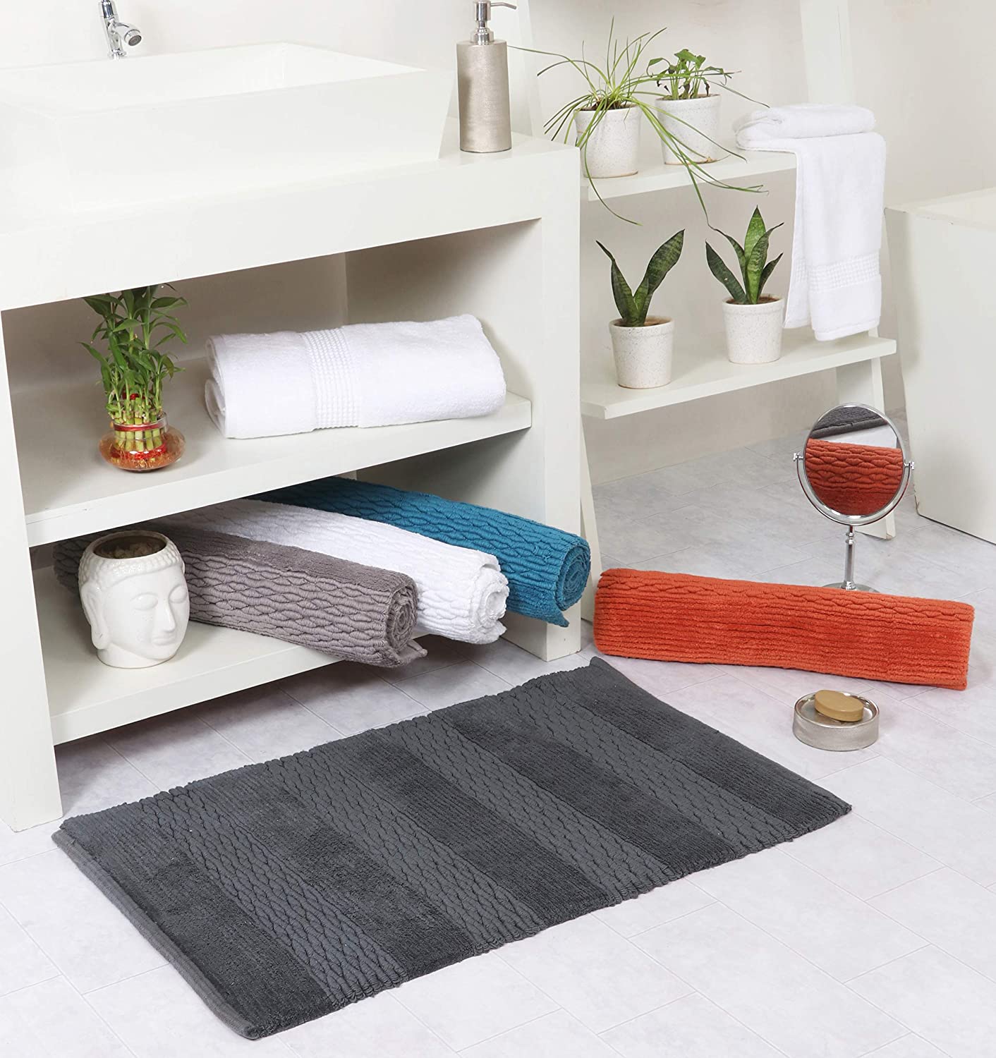 Cotton bath rugs water absorbent stripe design bathmat set of 2 - TreeWool Bathrugs#color_charcoal