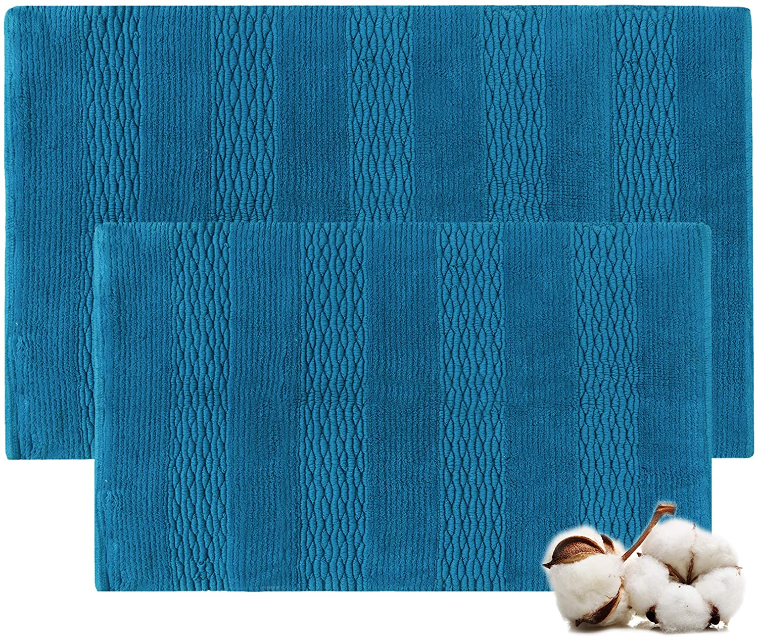 Cotton bath rugs water absorbent stripe design bathmat set of 2 - TreeWool Bathrugs#color_teal