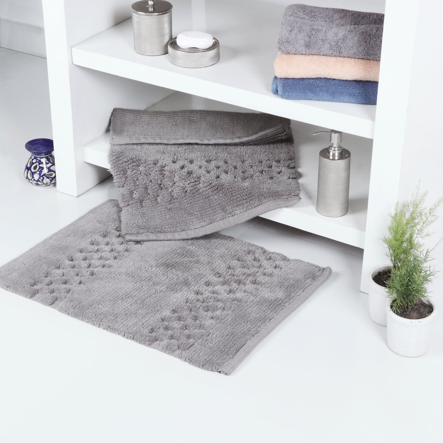 Combo Deal-Terry Towel 6 pc set and Honeycomb Bath rug 17x24/21x34 - TreeWool Bundle Deal#color_grey