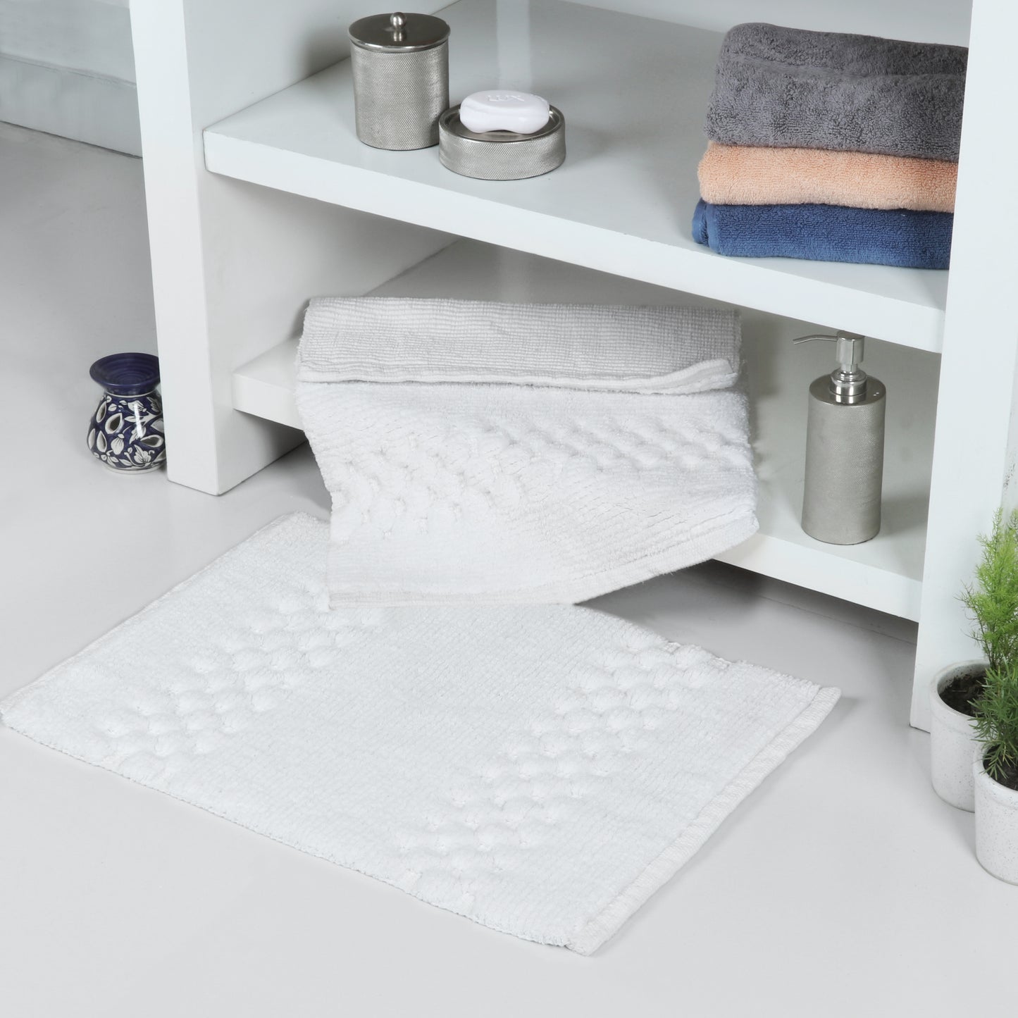 Combo Deal-Terry Towel 6 pc set and Honeycomb Bath rug 17x24/21x34 - TreeWool Bundle Deal#color_white