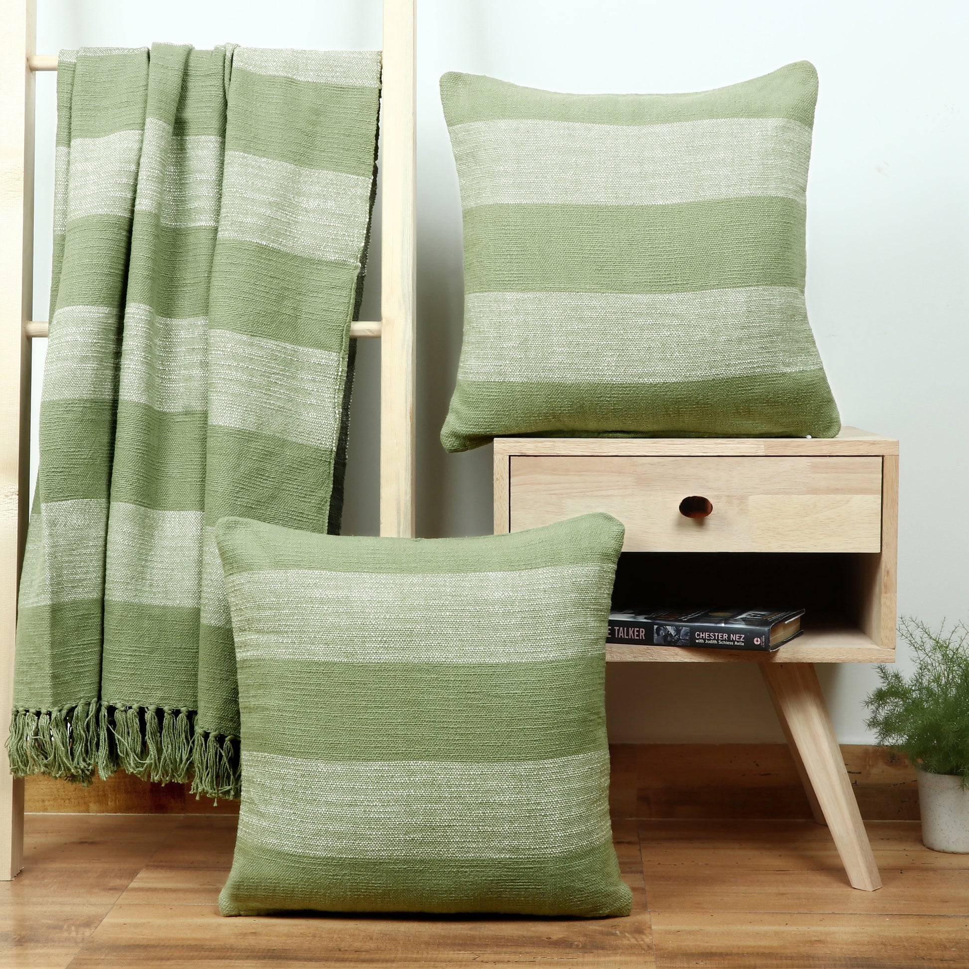 Combo Deal - Stripe design - Cotton throw blanket and pillow cases - TreeWool Bundle Deal#color_sage-green