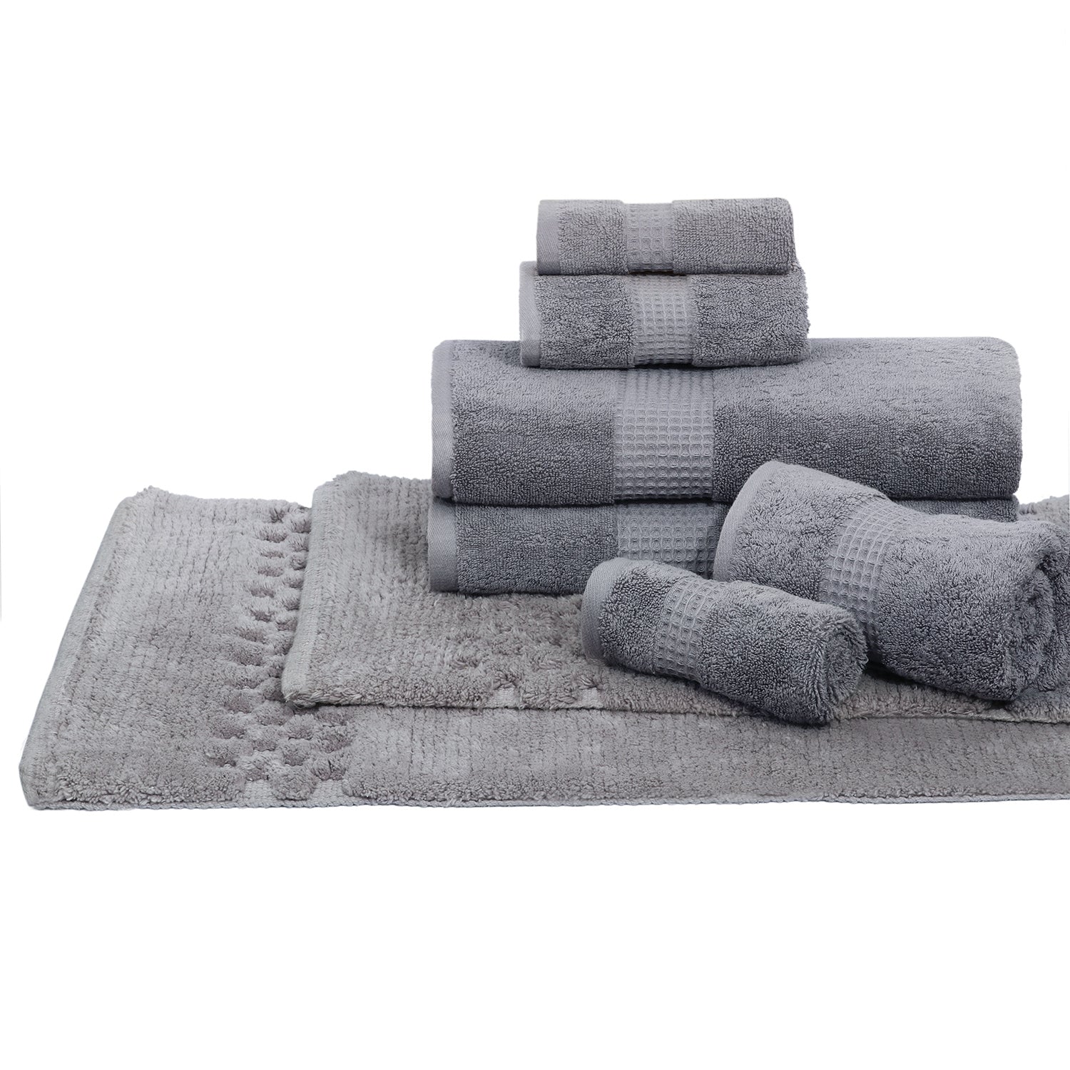 Combo Deal-Terry Towel 6 pc set and Honeycomb Bath rug 17x24/21x34 - TreeWool Bundle Deal#color_grey