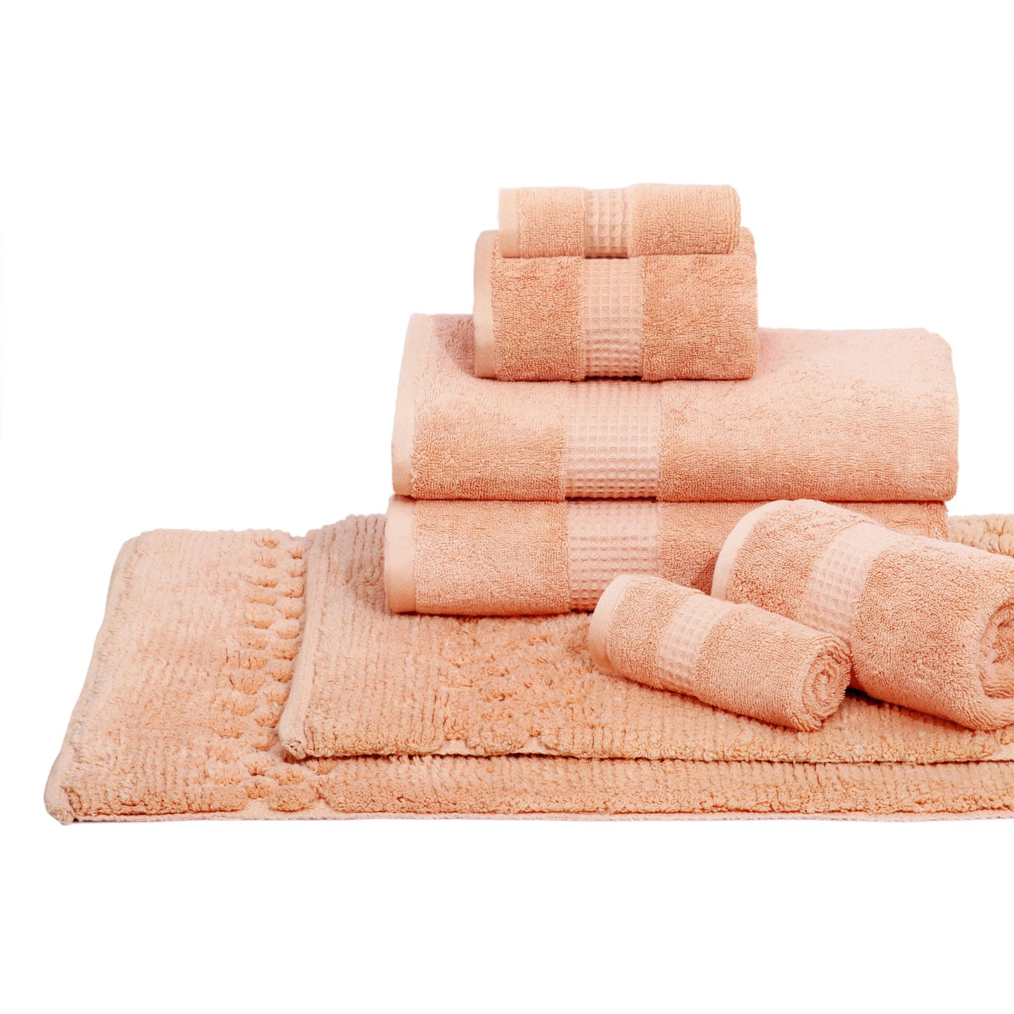 Combo Deal-Terry Towel 6 pc set and Honeycomb Bath rug 17x24/21x34 - TreeWool Bundle Deal#color_peach