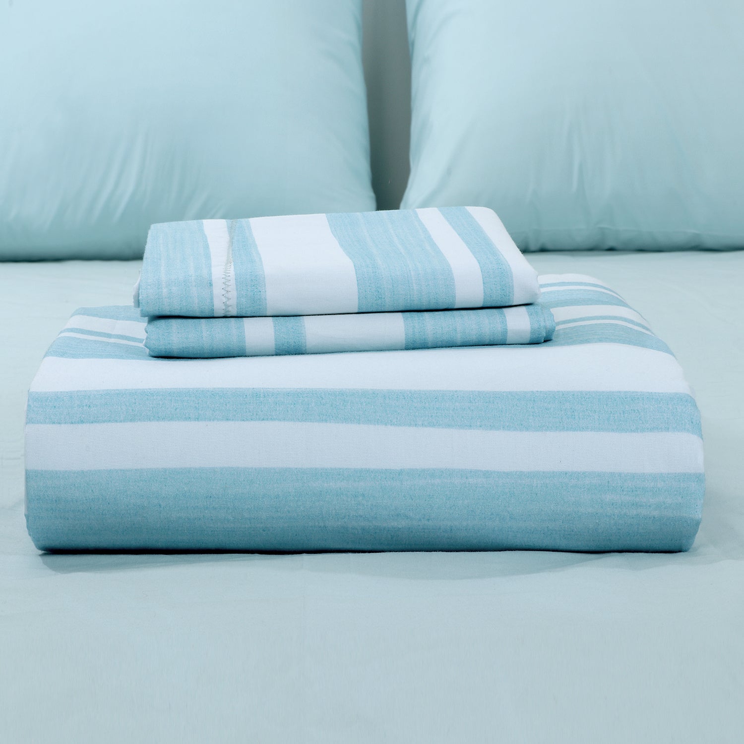 300 TC Percale Stripes Cotton Duvet Cover Set With Pillow Shams - TreeWool Duvet Cover#color_sky-blue