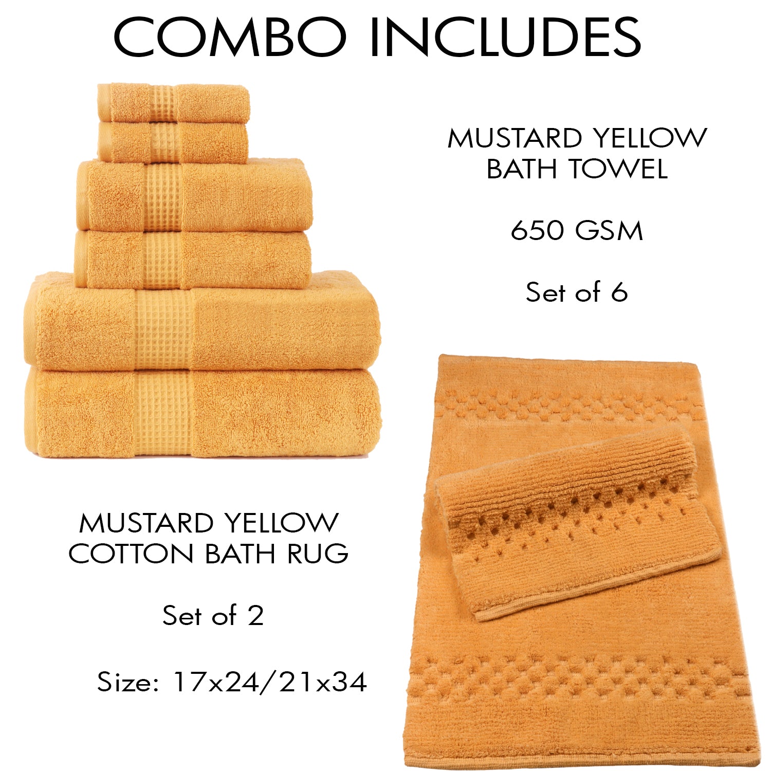 Combo Deal-Terry Towel 6 pc set and Honeycomb Bath rug 17x24/21x34 - TreeWool Bundle Deal#color_mustard