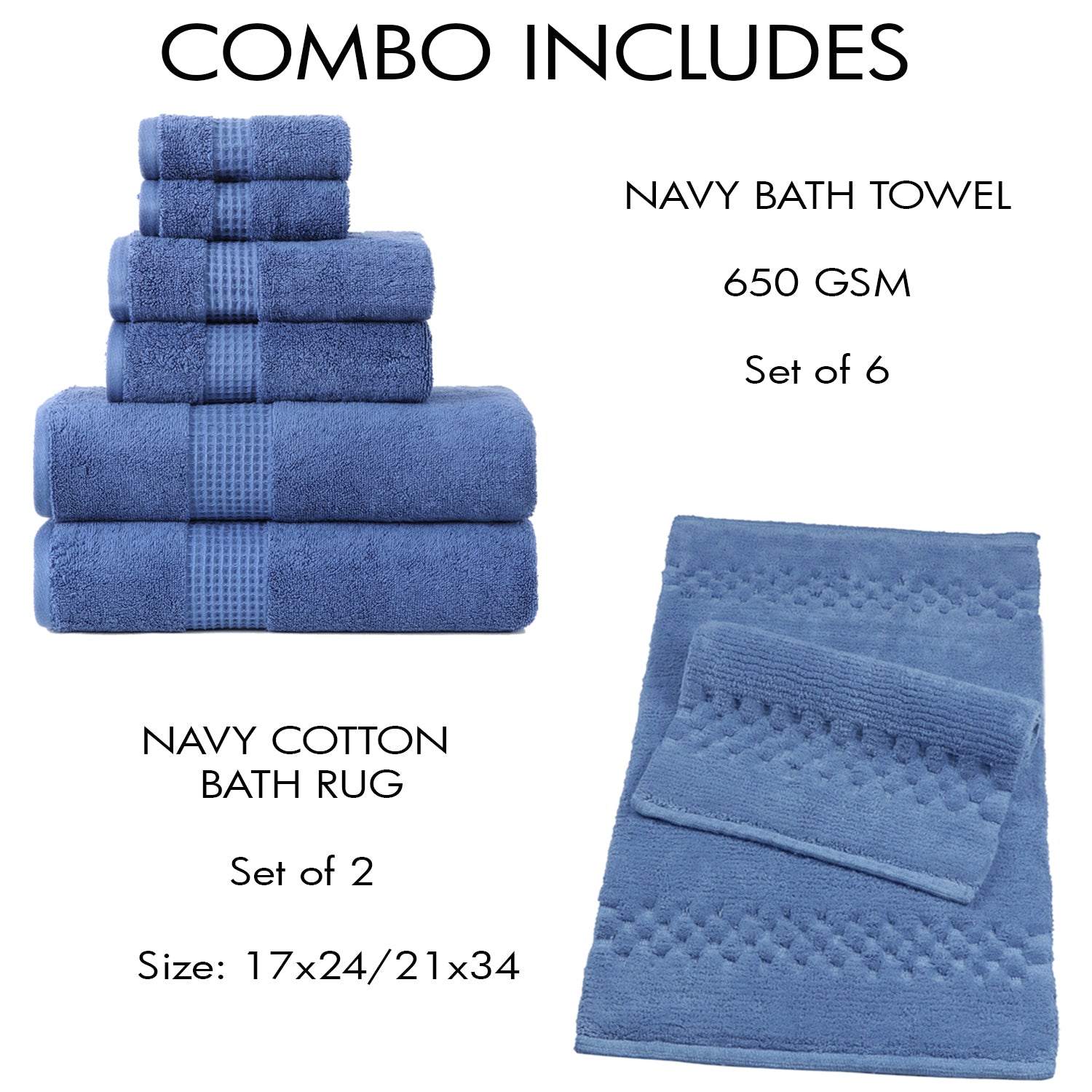 Combo Deal-Terry Towel 6 pc set and Honeycomb Bath rug 17x24/21x34 - TreeWool Bundle Deal#color_navy