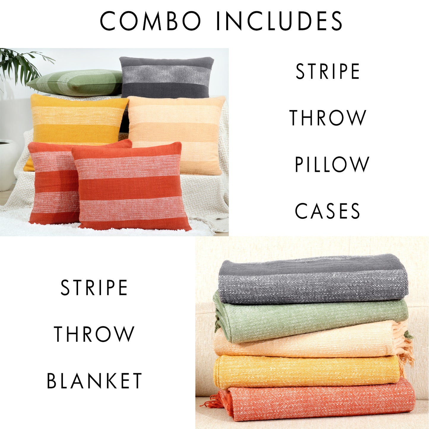 Combo Deal - Stripe design - Cotton throw blanket and pillow cases - TreeWool Bundle Deal#color_peach