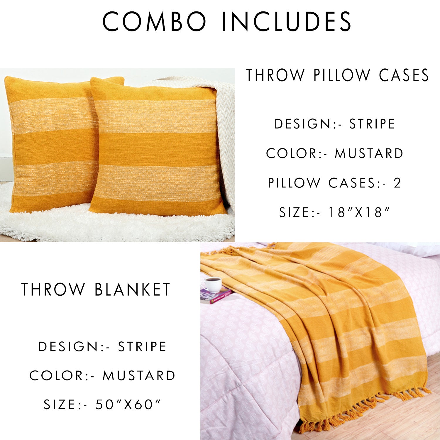 Combo Deal Throw Blanket and Pillow Cases in Cotton Stripe design TreeWool