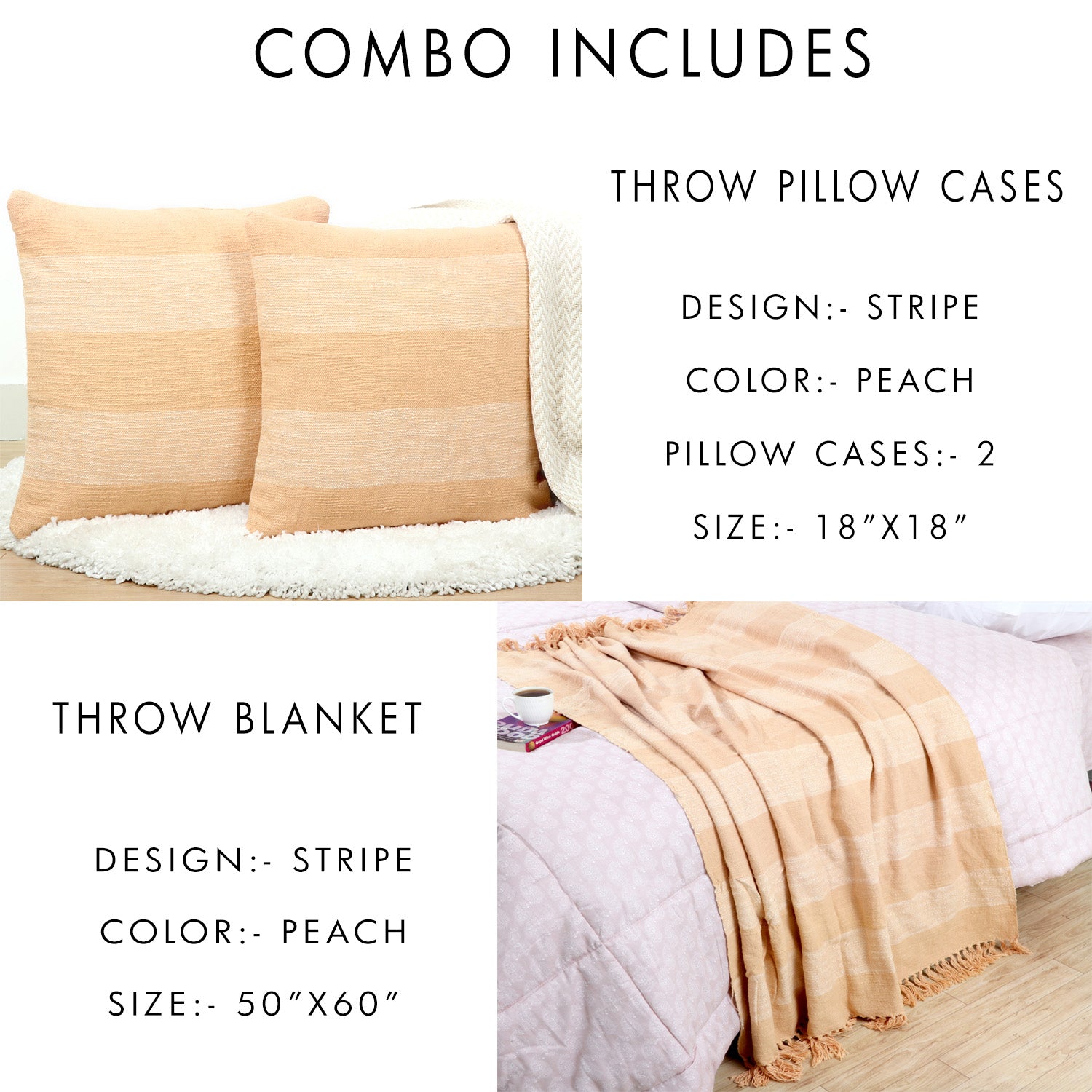 Combo Deal - Stripe design - Cotton throw blanket and pillow cases - TreeWool Bundle Deal#color_peach