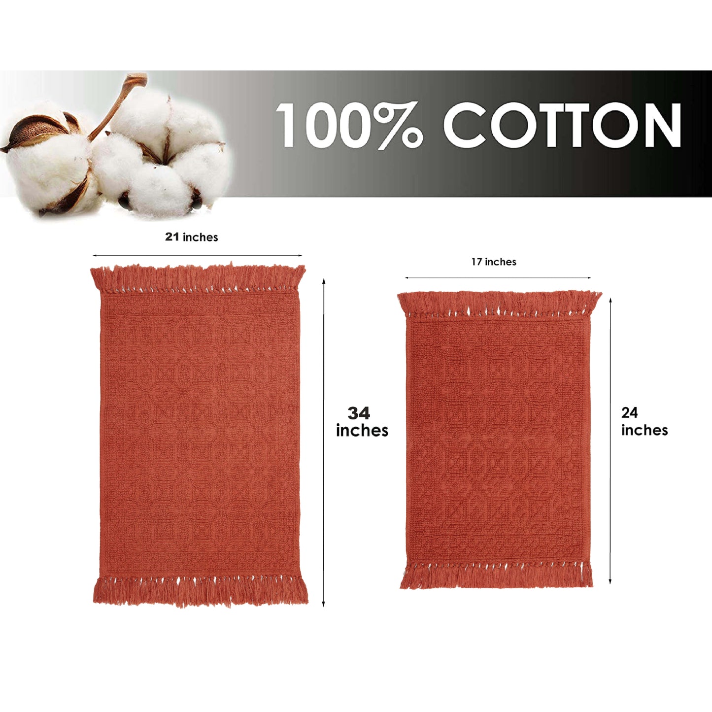 100% cotton hand woven water absorbent bathroom rugs (set of 2) - TreeWool Bathrugs#color_rust