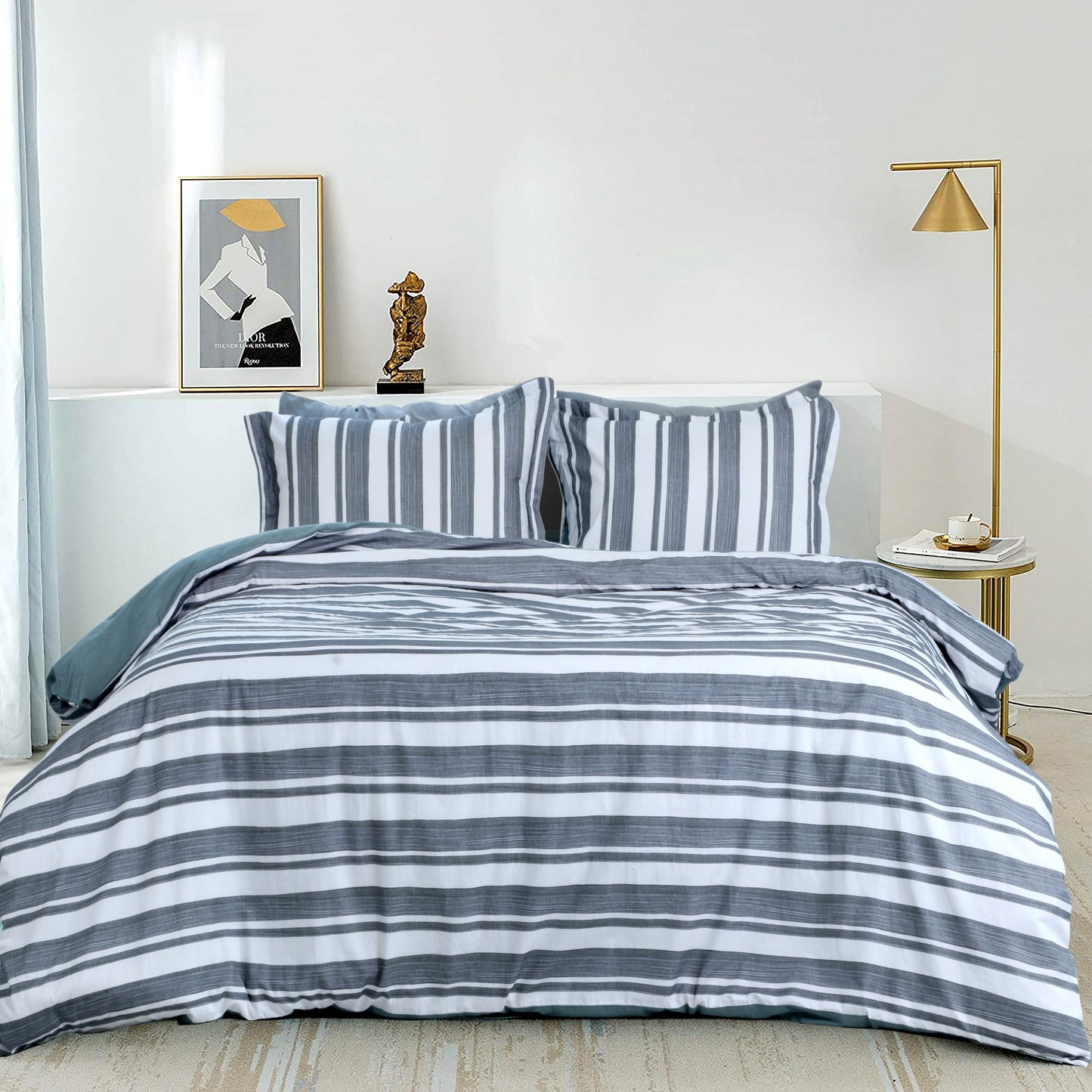 300 TC Percale Stripes Cotton Duvet Cover Set With Pillow Shams - TreeWool Duvet Cover#color_grey
