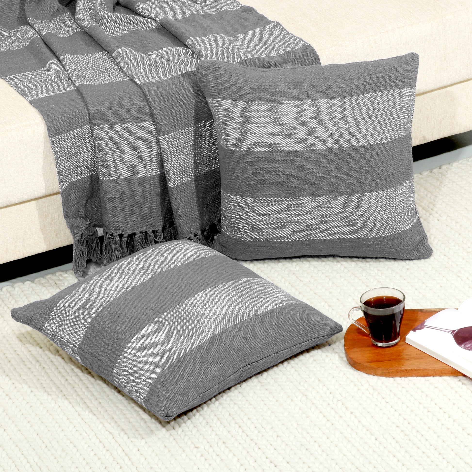Combo Deal - Stripe design - Cotton throw blanket and pillow cases - TreeWool Bundle Deal#color_charcoal